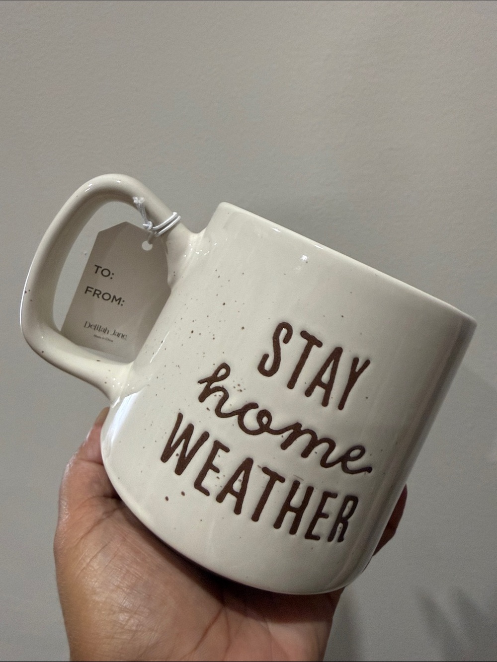 Stay Home Weather Ceramic Mug Cream Brown Text fall gift coffee tea